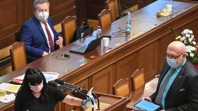 Asistentka dezinfikuje mikrofon po vystoupení poslance Lubomíra Volného, který neměl v Praze na schůzi Sněmovny ochrannou roušku proti koronaviru (18. 2. 2021)