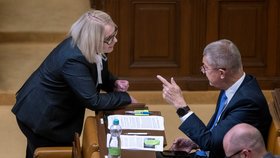 Jednání Sněmovny o snížení valorizace důchodů: Šéf ANO Andrej Babiš a ministryně obrany Jana Černochová (ODS), (8.6.2023)