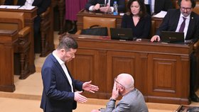 Řádná schůze Sněmovny (21. 2. 2023). Na snímku Tomio Okamura (SPD) a Jaroslav Faltýnek (ANO).