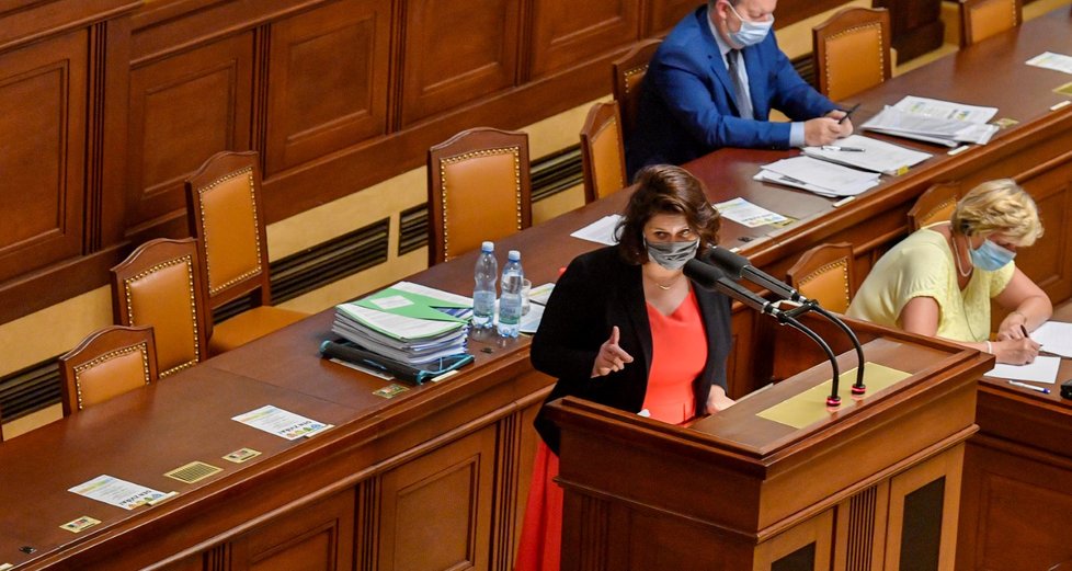 Ministryně práce a sociálních věcí Jana Maláčová (ČSSD) u pultíku ve Sněmovně během interpelací (17.9.2020)