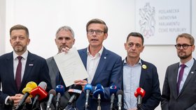 Opoziční lídři vystoupili na tiskovce ke svolání jednání Sněmovny k nedůvěře Babišově vládě (25.9.2026)