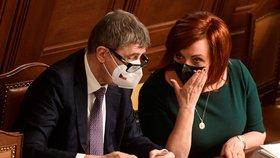 Premiér Andrej Babiš s vicepremiérkou Alenou Schillerovou na jednání Sněmovny. (26. 2. 2021)