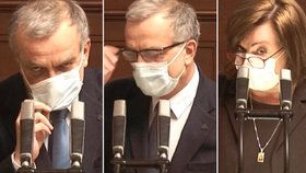 Miroslav Kalousek (TOP 09) měl velké potíže s dýcháním, ale i zamlženými brýlemi kvůli roušce. Alena Schillerová (za ANO) odvracela kritiku za nedostatečné škrty ve Sněmovně během jednání o navýšení schodku rozpočtu na 200 miliard (24.3.2020)