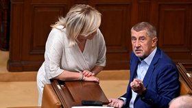 Sněmovna o úsporném balíčku: Andrej Babiš a Alena Schillerová (oba ANO) (6.9.2023)