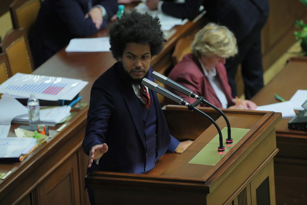 Dominik Feri (TOP 09) v Poslanecké Sněmovně během první schůzky zákonodárců po vládních prázdninách