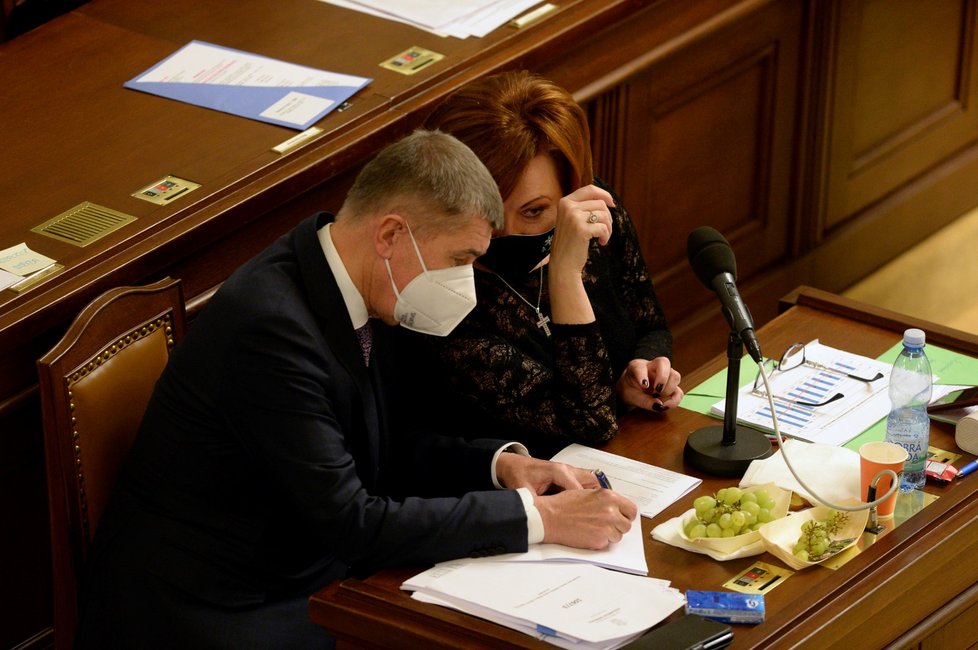 Premiér Andrej Babiš (ANO) a ministryně financí Alena Schillerová (ANO) spolu hovoří 18. prosince 2020 v Praze na schůzi Poslanecké sněmovny, která pokračovala v projednávání návrhu státního rozpočtu na rok 2021.