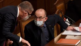 Zleva premiér Andrej Babiš (ANO) a ministr zdravotnictví Jan Blatný (za ANO) na mimořádné schůzi Poslanecké sněmovny (9. 12. 2020)