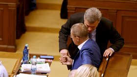 Jednání o nedůvěře vládě: Andrej Babiš a ministr spravedlnosti Pavel Blažek