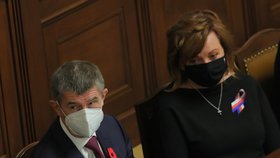 Premiér Andrej Babiš (ANO) a ministryně Alena Schillerová (za ANO) ve Sněmovně během jednání o rozpočtu (11. 11. 2020)
