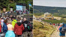 Peklo na Sněžce: Davy, obří fronty i odpadky. Neukázněné turisty krotí sítě