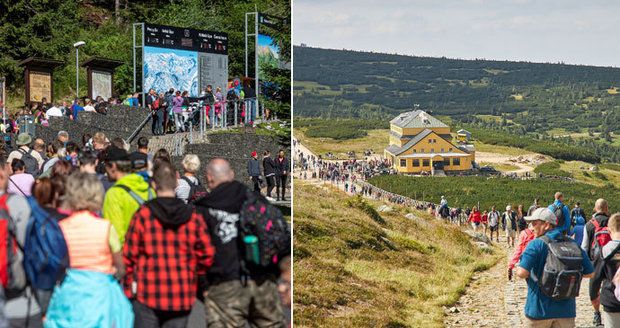 Peklo na Sněžce: Davy, obří fronty i odpadky. Neukázněné turisty krotí sítě