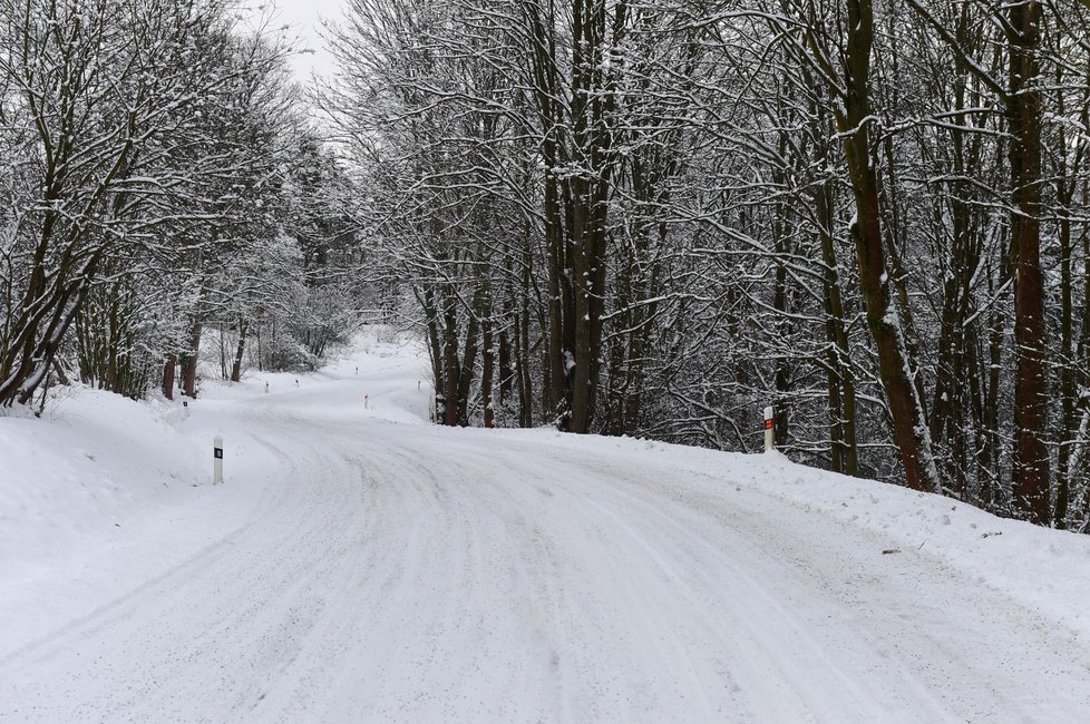 Silnice pokrytá čerstvým sněhem v Domašově nad Bystřicí na Olomoucku (13. 1. 2021)