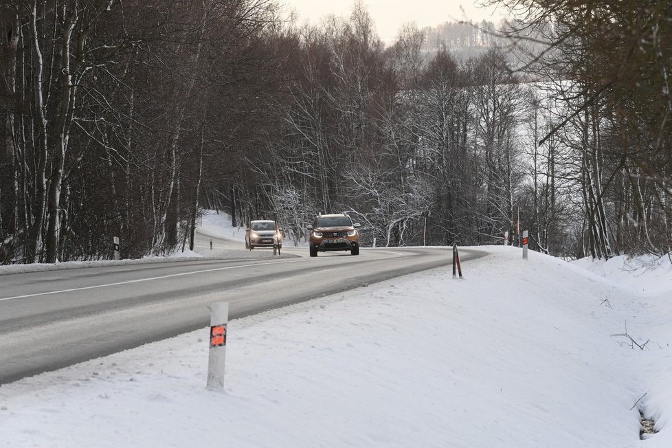 Silnice první třídy číslo 46 mezi Šternberkem a Moravským Berounem, Olomoucko (1. února 2023)