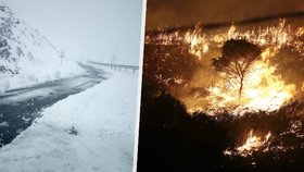 Dvě fotky z jedné země během jednoho dne: Itálii trápí sníh i rozsáhlé požáry