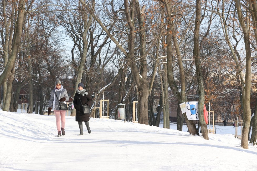 Únor 2021: Zasněžená Praha dělá problémy chodcům. 1 200 metačů se sice o chodníky stará, kvůli sněhu a námraze však kloužou dál.