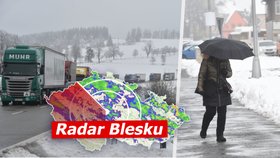 Radar Blesku: Na ČR se řítí další sněhové přeháňky. Sníh může ochromit dopravu.