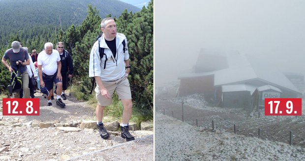 Sněžku v úterý ráno pokryl sníh, před měsícem při výstupu Václava Klause na vrchol ještě všude bylo zeleno