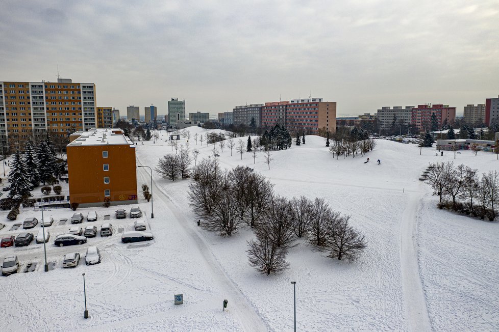 Kdo říká, že sáňkovat v samém centru sídliště je nesmysl? Není tomu tak - Centrální park je díky svým kopečkům úplně ideální místo zvláště pro ty nejmenší.