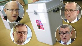 Ve sněmovních volbách se utkají šéfové ČSSD a ODS Bohuslav Sobotka a Petr Fiala (vlevo) i lídři TOP 09 a ANO Miroslav Kalousek a Andrej Babiš (vpravo).