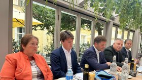 Tisková konference Sociální demokracie dne 16. 9. 2026 (zleva Alena Šírová, Luděk Svoboda, Jiří Nedvěd, Radek Scherfer a Zdeněk Slavík)