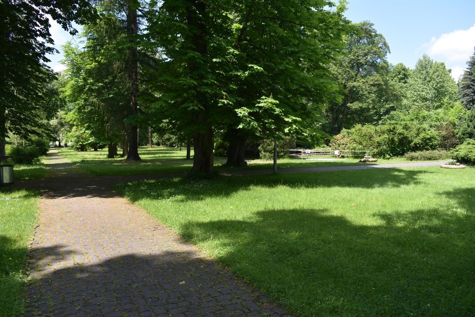 Lázeňský park, vpravo místo, odkud socha Živý pramen zmizela.