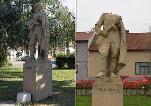 Socha rudoarmějce ve Šlapanicích stojí od roku 1948, teď jí někdo urazil hlavu.