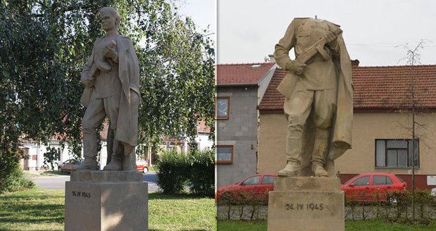 Socha rudoarmějce ve Šlapanicích stojí od roku 1948, teď jí někdo urazil hlavu.