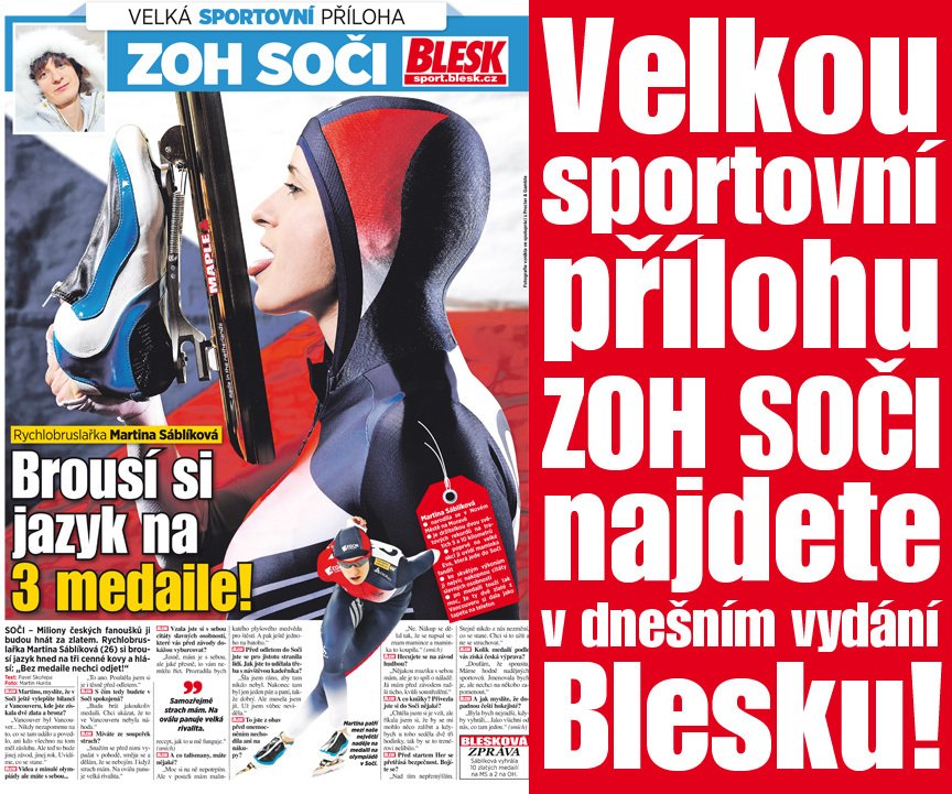 Velkou sportovní přílohu ZOH SOČI najdete v dnešním vydání Blesku!