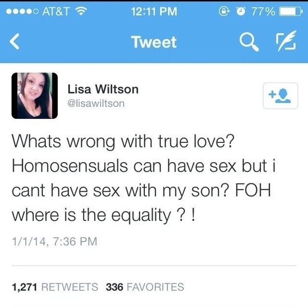 Lisa, která si stěžuje, že homosensuálové mohou mít mezi sebou sex a ona se svým synem ne. Proto se dožaduje rovnoprávnosti!