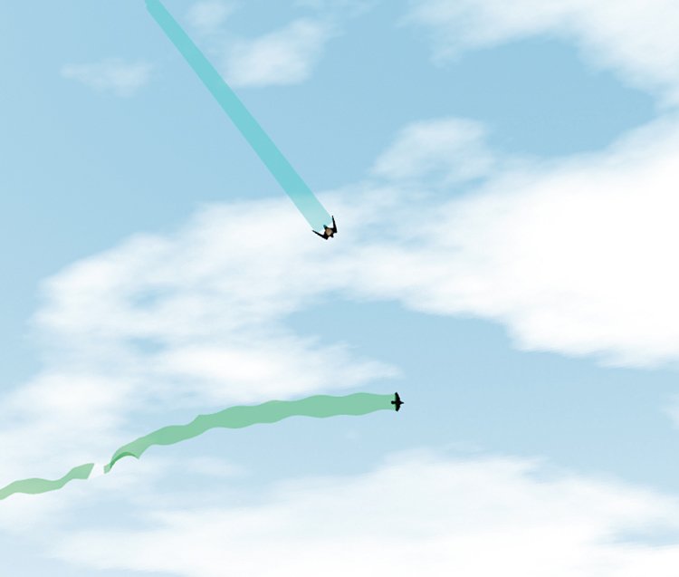 Snímek obrazovky z počítačové simulace útoku sokola na špačka. Modře je vyznačená letová dráha sokola, zeleně špačka