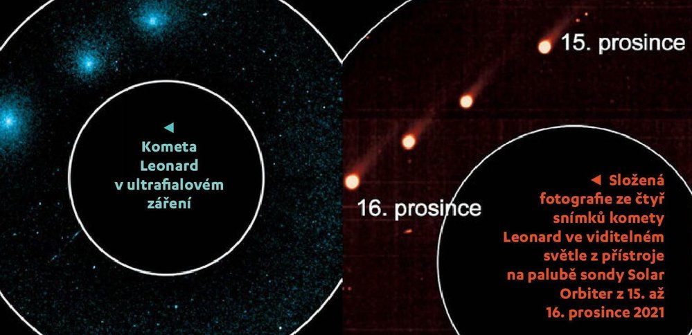 Složená fotografie ze čtyř snímků komety Leonard ve viditelném světle z přístroje na palubě sondy Solar Orbiter z 15. až 16. prosince 202