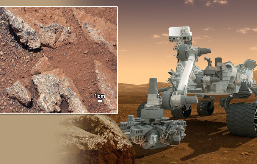 Vozítko Curiosity našlo na Marsu oblázky, které jsou stopou po řečišti vody.