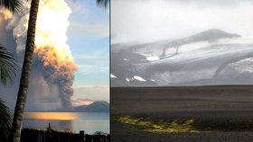 Sopka v Papue-Nové Guinei (vlevo) už chrlí mračna nebezpečného popelu. Na Islandu začala vytékat láva.