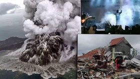 Sopka Anak Karakatoa a erupce, která předcházela ničivé vlně tsunami v Indonésii (23. 12. 2018)