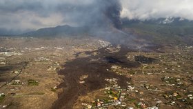 Rozsah škod způsobených erupcí sopky Cumbre Vieja na ostrově La Palma (24. 9. 2021)
