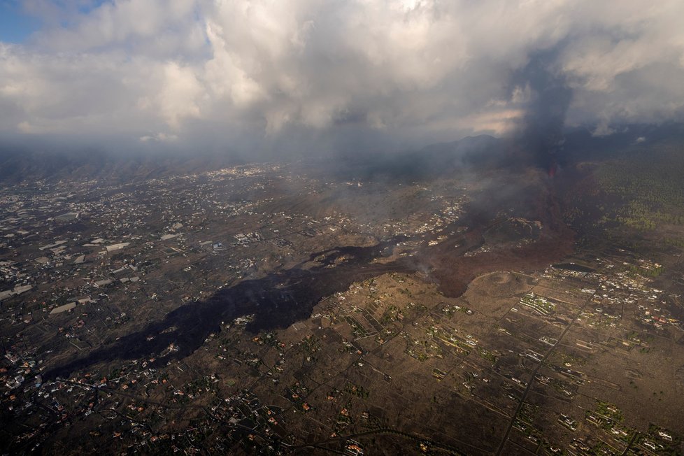 Rozsah škod způsobených erupcí sopky Cumbre Vieja na ostrově La Palma (24. 9. 2021)