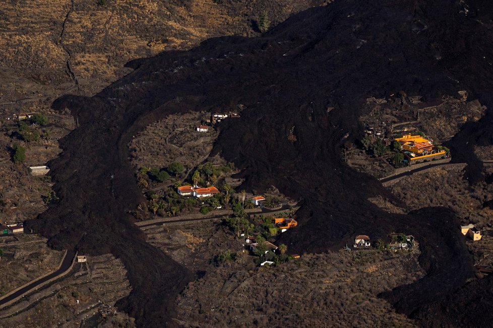 Rozsah škod způsobených erupcí sopky Cumbre Vieja na ostrově La Palma (24. 9. 2021)