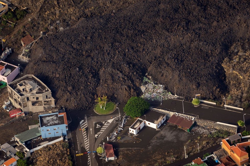 Rozsah škod způsobených erupcí sopky Cumbre Vieja na ostrově La Palma (24. 9. 2021)