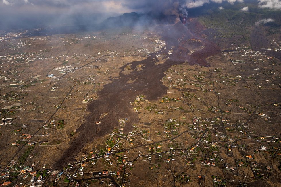 Rozsah škod způsobených erupcí sopky Cumbre Vieja na ostrově La Palma (24. 9. 2021)