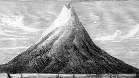 Sopka Krakatoa na rytině ze začátku 19. století
