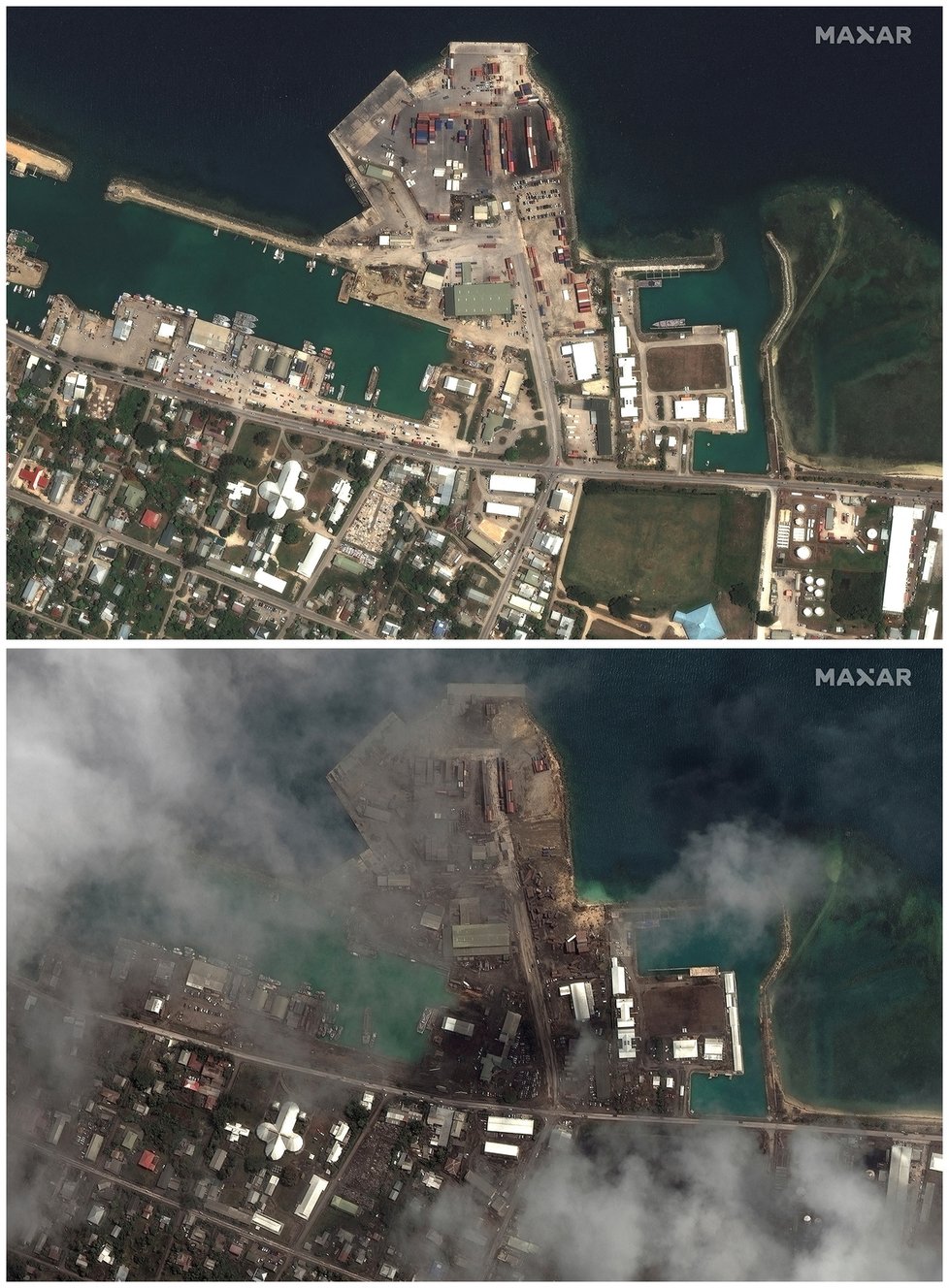 Satelitní snímky souostroví Tonga po erupci sopky