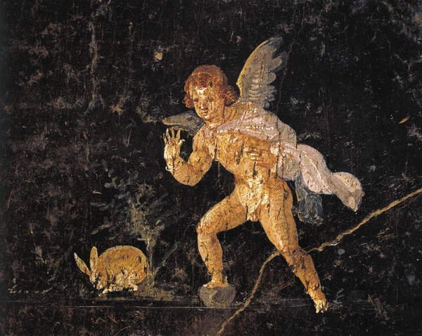 Amorek nahání zajíce na římské fresce z Pompejí (kolem roku 79 n. l.)