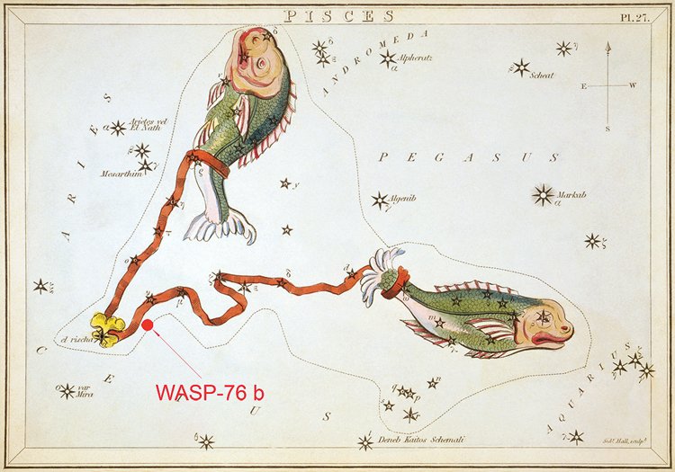 WASP-76 b se nachází v souhvězdí Ryb (Pisces) na místě označeném šipkou