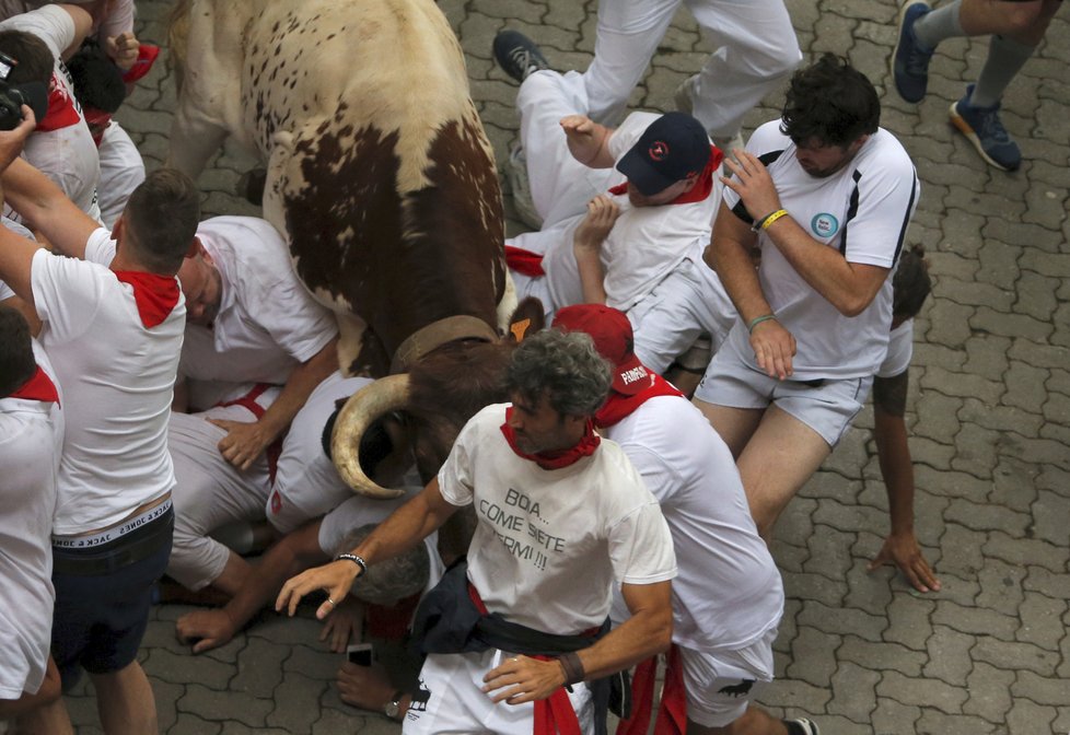 Při prvním letošním běhu s býky v Pamploně bylo pět zraněných, (7.07.2019).