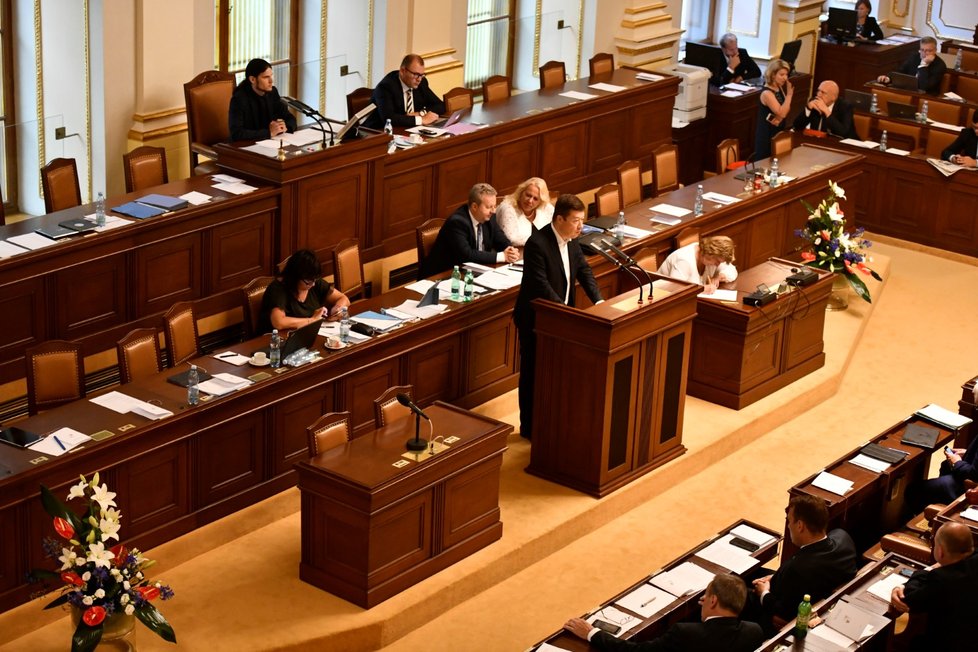Předseda SPD Tomio Okamura vystoupil 11. července 2018 v Praze na schůzi Poslanecké sněmovny svolané k vyslovení důvěry menšinové vládě hnutí ANO a ČSSD.