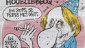 Obálka časopisu Charlie Hebdo, která vyšla v den atentátu. Zpodobňuje Houellebecqa jako vyžilého kouzelníka, jak předvídá vlastní budoucnost (V roce 2015 přijdu o zuby ... v roce 2022 pojedu Ramadán)