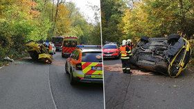 Další havárie luxusního bouráku: Mustang u Břežan skončil na boku!