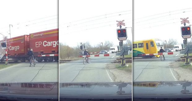 Video, z něhož mrazí: Cyklistu na přejezdu u Hradce Králové o centimetry minul vlak