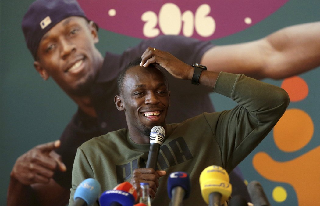 Legendární sprinter Usain Bolt na tiskové konferenci v Praze