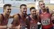 Čeští sprinteři Vít Müller, Pavel Maslák, Michal Desenský a Patrik Šorm se radují ze zisku stříbrných medailí na HME v Toruni